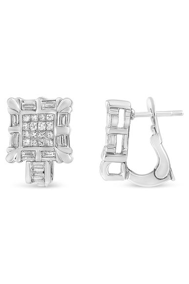 1.0 Cttw Princess & Baguette-Cut Diamond Square Hoop Omega Earrings